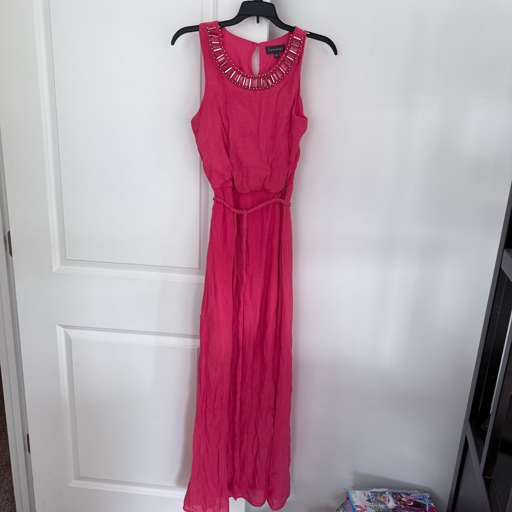 Luxology Beaded Maxi Dress Coral Pink Sleeveless Belted Empire Waist Size S